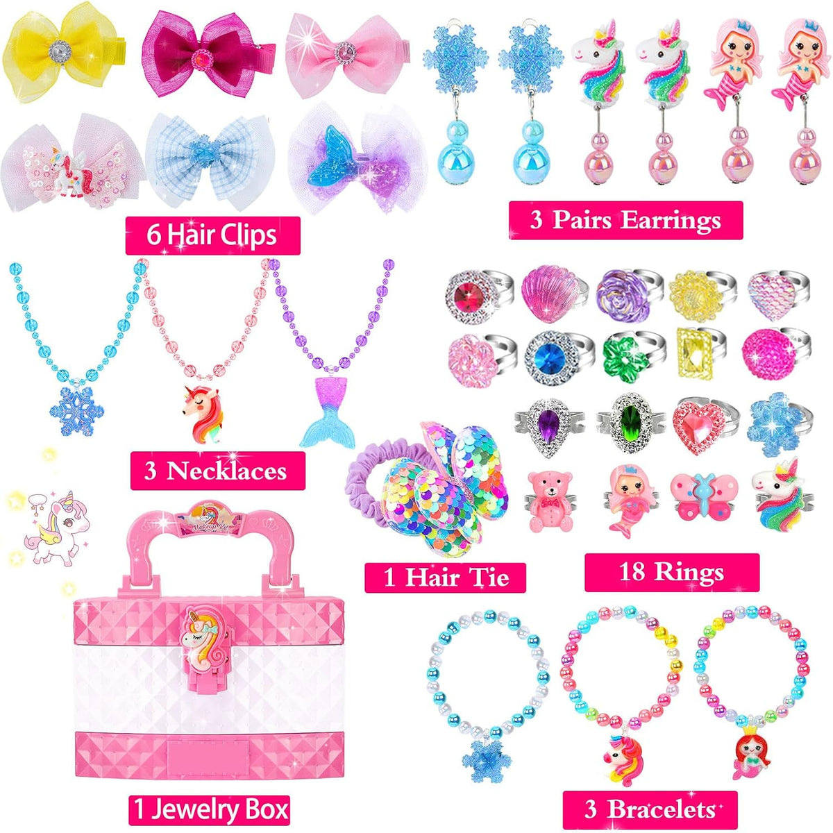 Jewelry Toys for Girls, Adjustable Rings, Necklaces, Butterfly Hair Clips