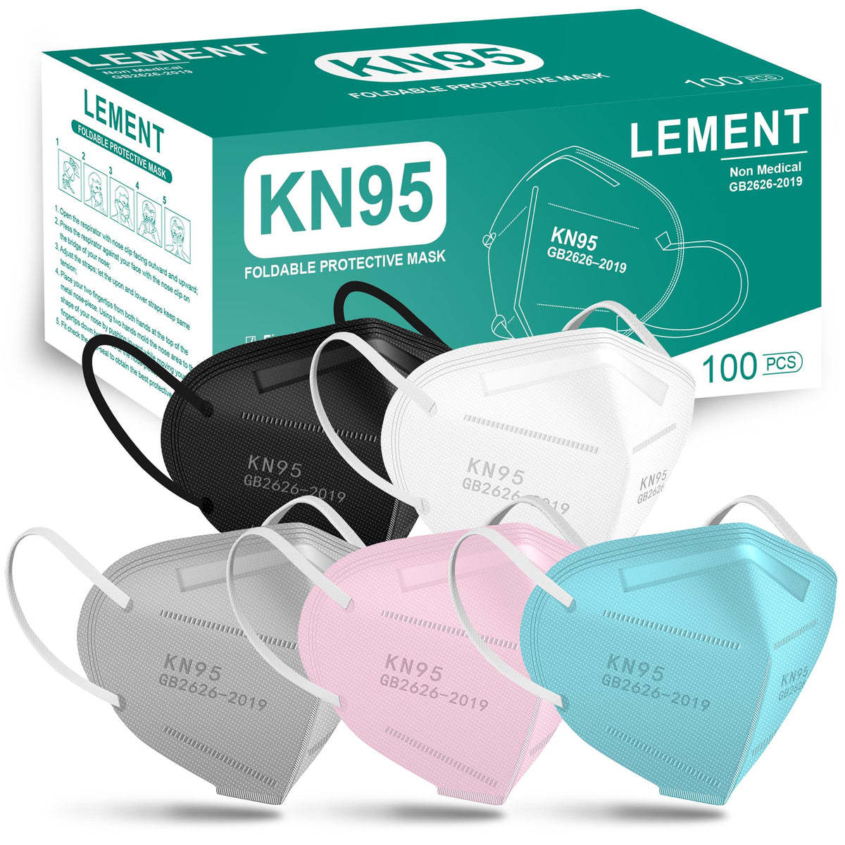 LEMENT 50pcs KN95 Face Mask Black 5-Layer Filter≥95% Cup Dust Safety Masks