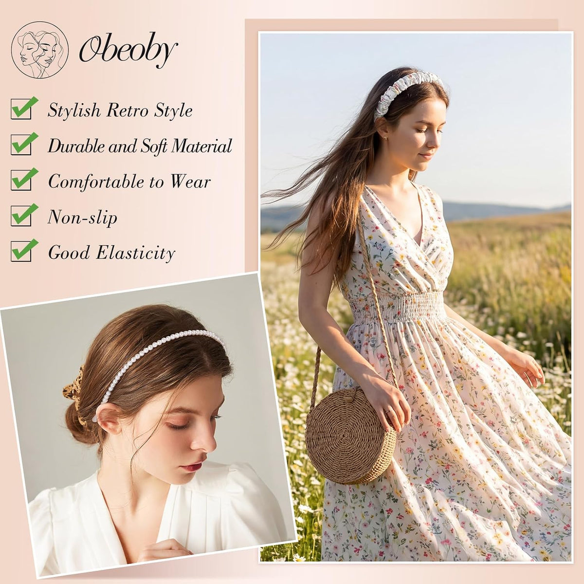 obeoby 8 Pack Green Headbands for Teen Girls, Floral Pearl Headbands