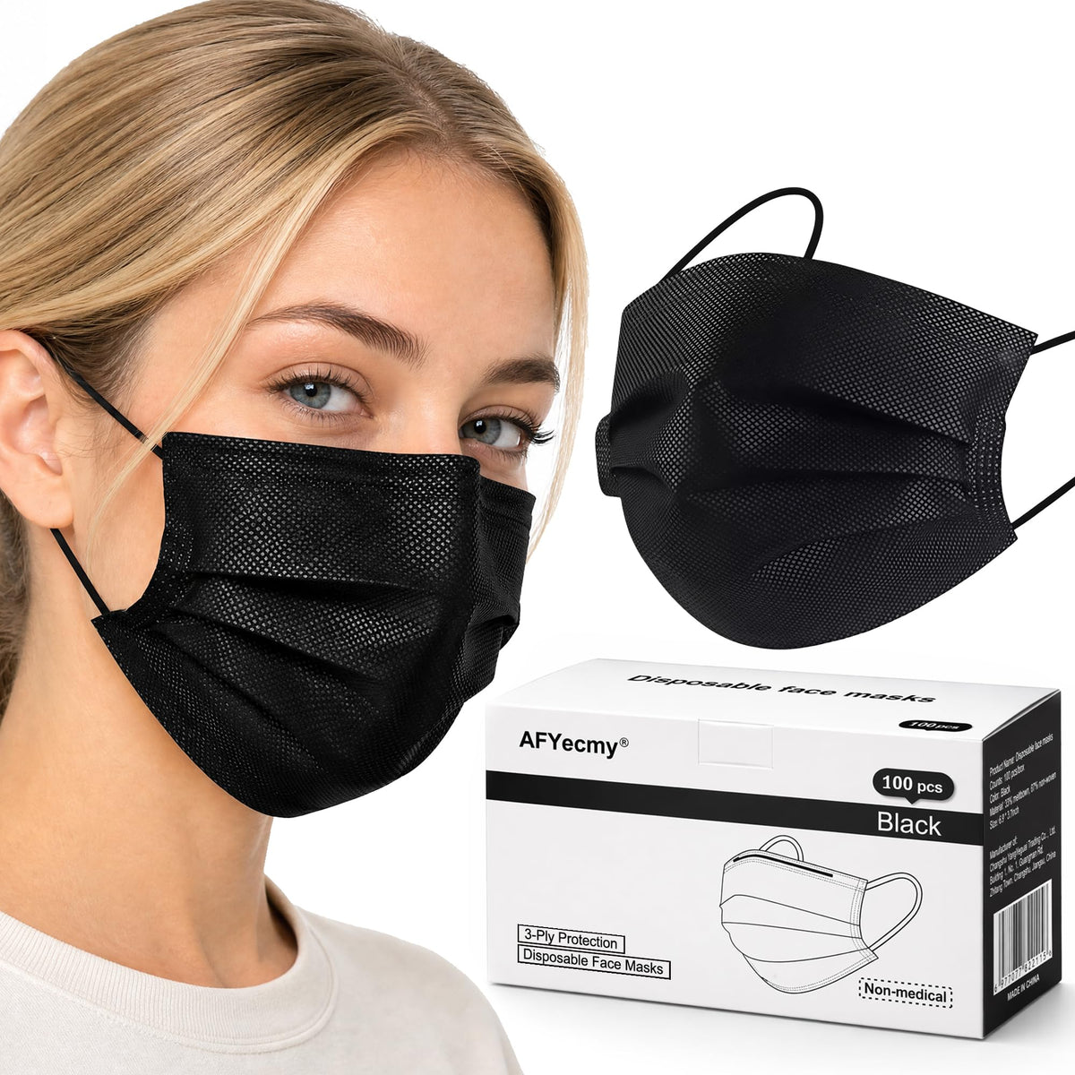 Disposable Face Masks 100 Pack, 3-Ply Breathable Masks with Soft Comfortable Earloops, Adjustable Nose Clip for Office, Travel, School & Public Use, Black