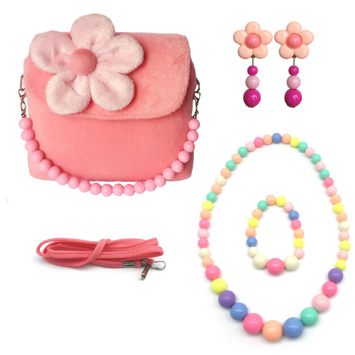 Elesa Miracle Little Girl Bag Beauty Set Plush Handbag + Flower-Shaped Clip-on Earrings + Necklace and Bracelet Set (Blue)