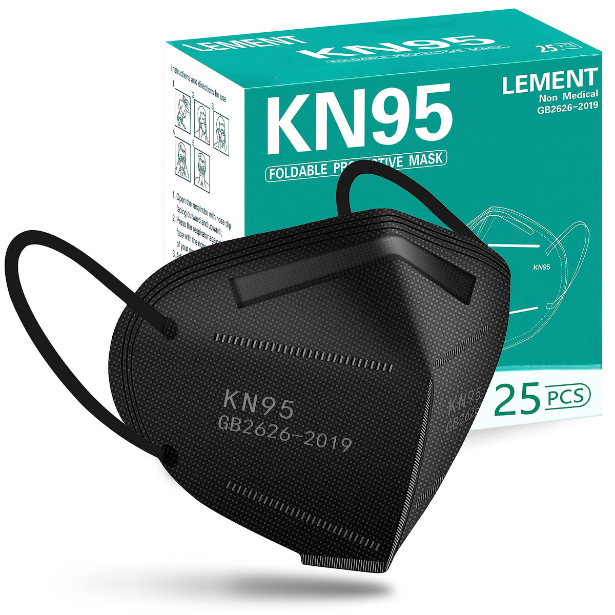 LEMENT 50pcs KN95 Face Mask Black 5-Layer Filter≥95% Cup Dust Safety Masks
