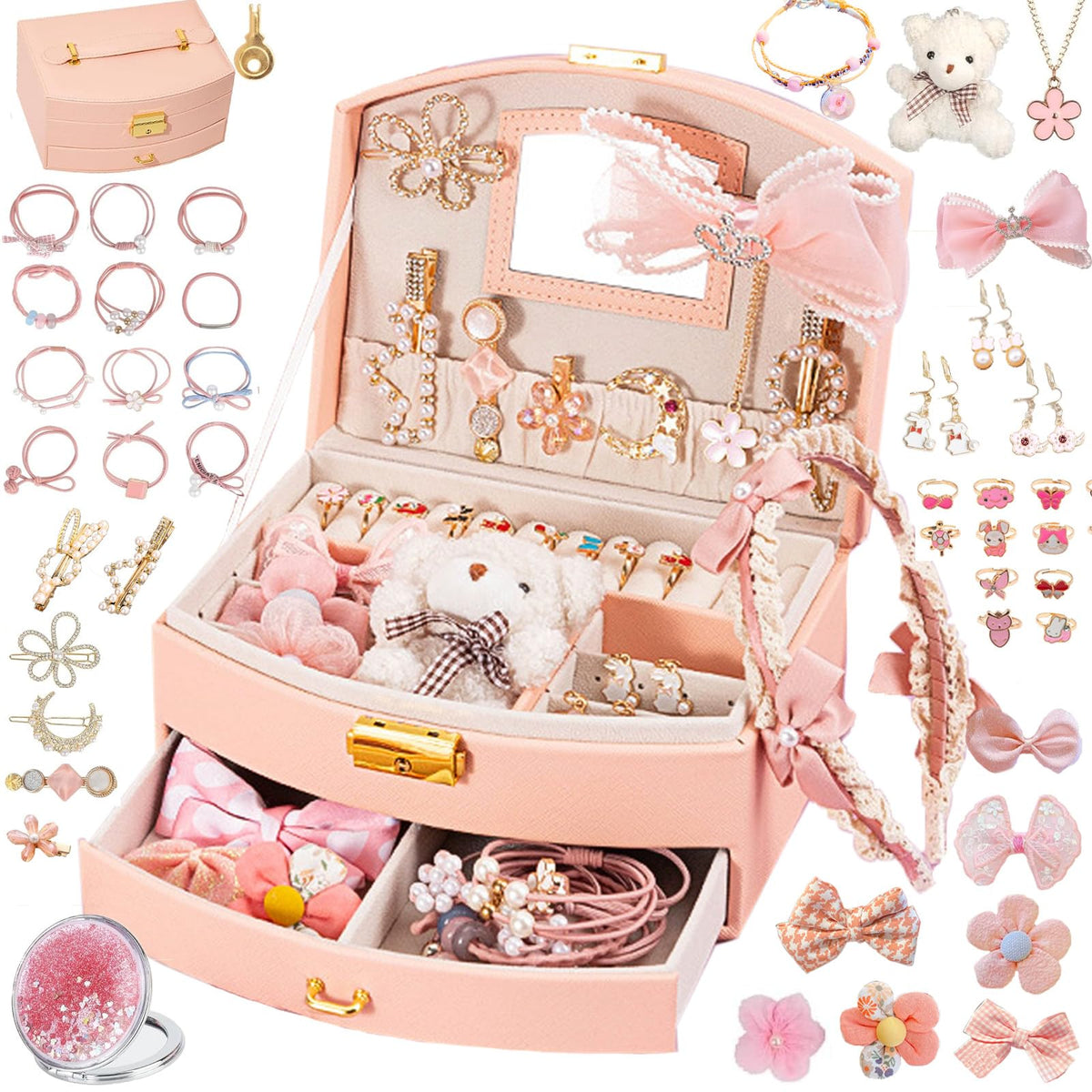 Princess Jewelry Box for Girls with Hair Accessories,Girls Hair Clips Bows Set, Fashion Hair Styling Kit with Mirror,Pink Sparkle Trinket Box Includes Hair Clips (Flower)