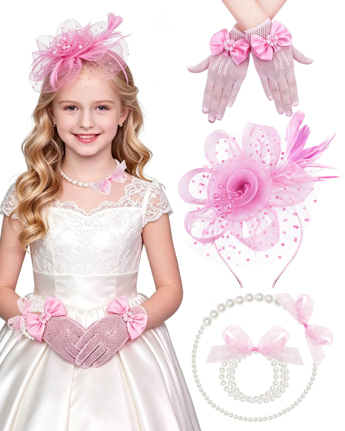 Girls Tea Party Fascinators Hats Lace Gloves Pearl Necklace Set for Wedding 1920s Tea Party Accessories