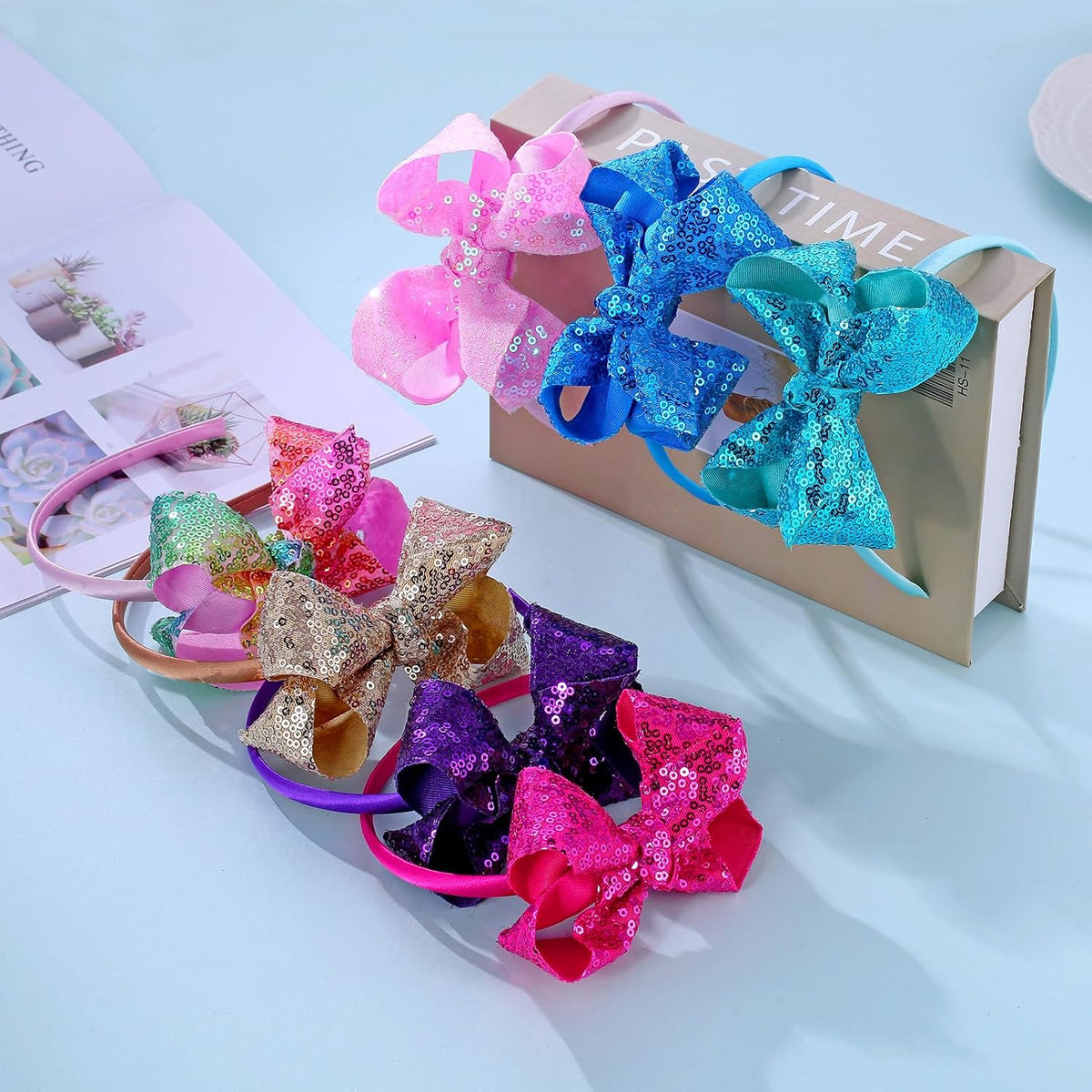 Sparkle Glitter Sequin Bow Headband for Children Girls- Boutique Style Hair Accessory with Bow Ribbon - 2 Piece (HotPink, Pink)