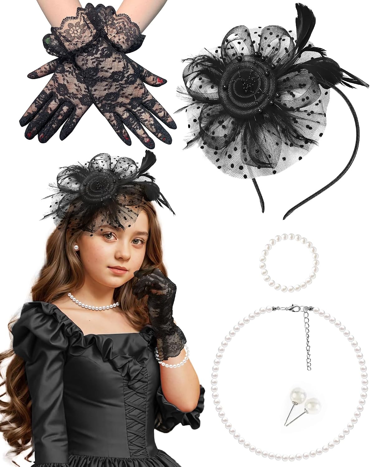 Girls Tea Party Fascinators Hats with Lace Gloves Pearl Necklace Earring Jewelry for Tea Party Wedding Accessories
