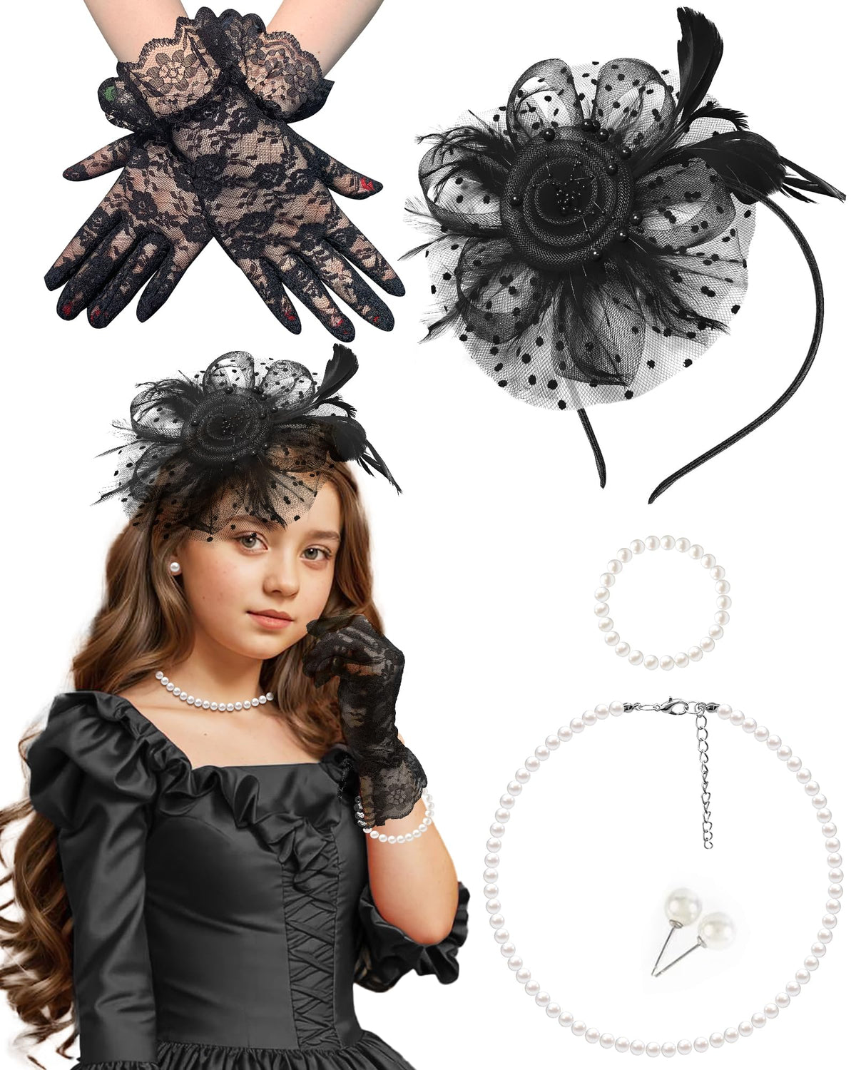 Girls Tea Party Fascinators Hats with Lace Gloves Pearl Necklace Earring Jewelry for Tea Party Wedding Accessories
