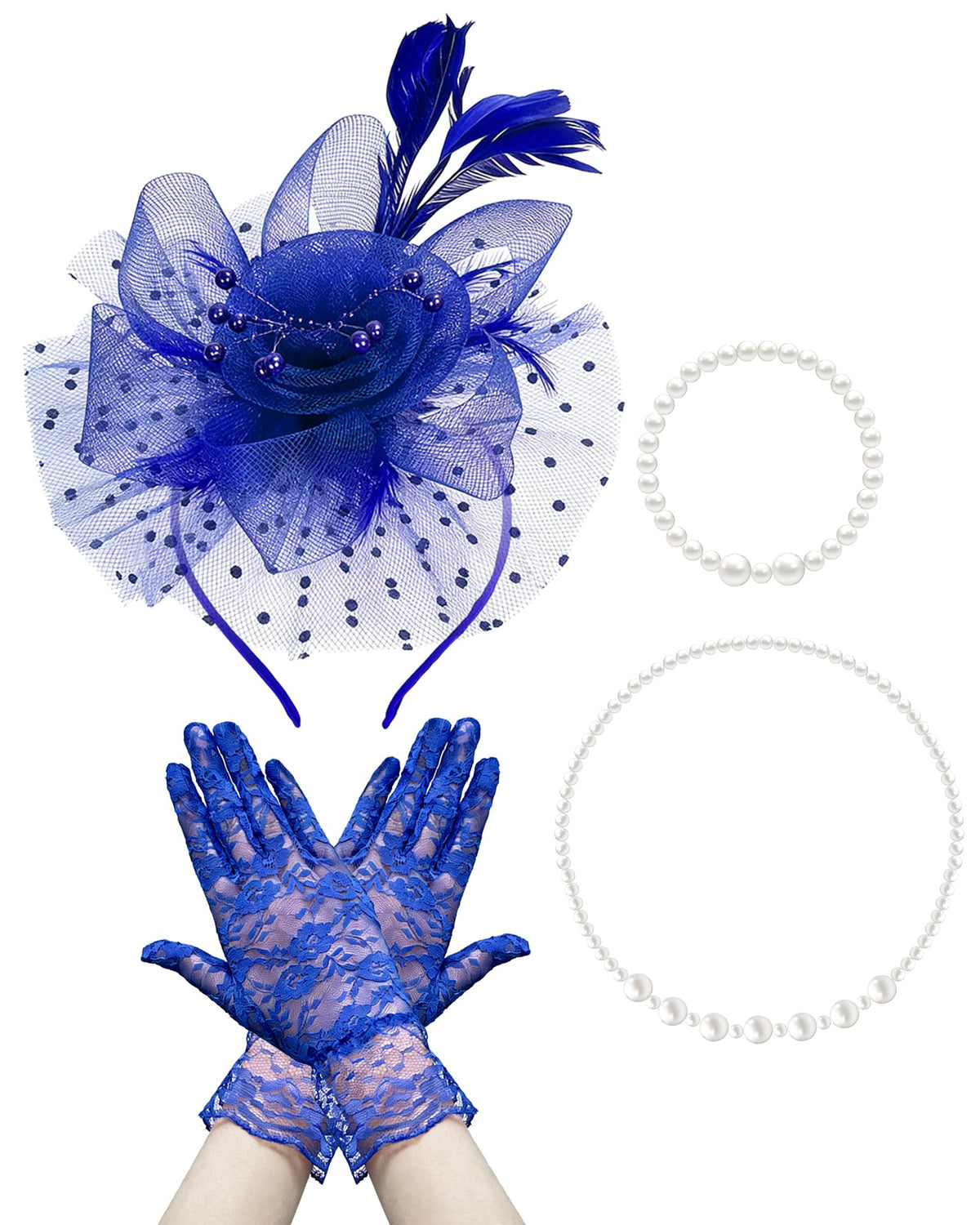 Girls Tea Party Fascinators Hats Lace Gloves Pearl Necklace Set for Wedding 1920s Tea Party Accessories