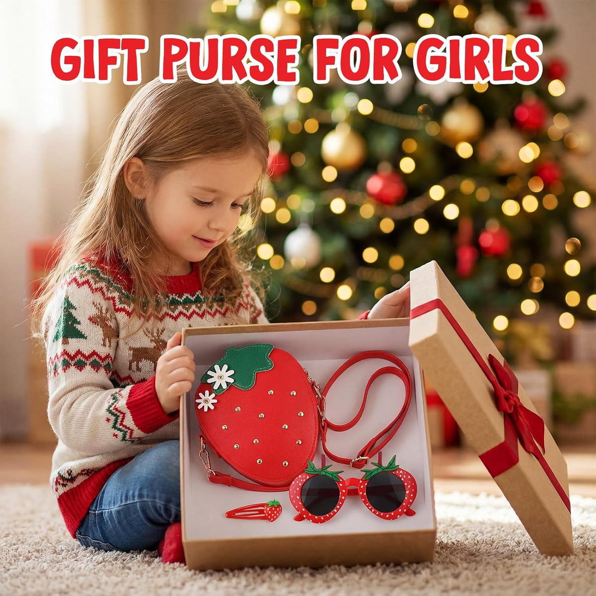Halfchet 3 Pcs Strawberry Purse for Girls Strawberry Accessories Set Included Fruit Shaped with Rivets Sunglasses Hair Clip Birthday Gifts for Women Stuffs Fruit Accessories(Red)