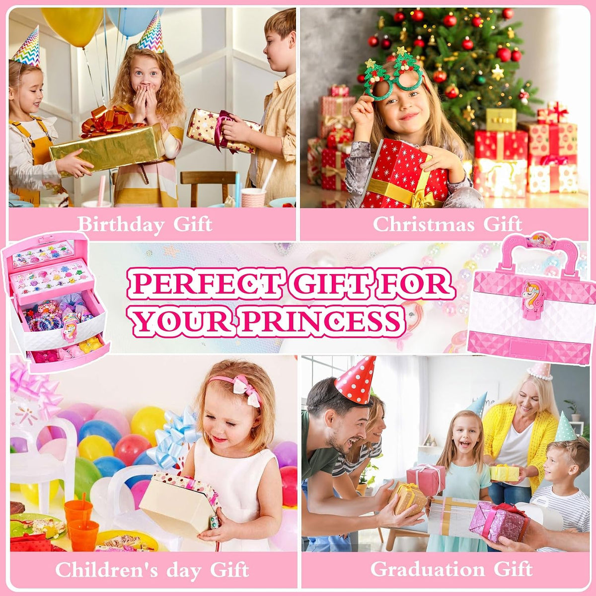 Jewelry Toys for Girls, Adjustable Rings, Necklaces, Butterfly Hair Clips