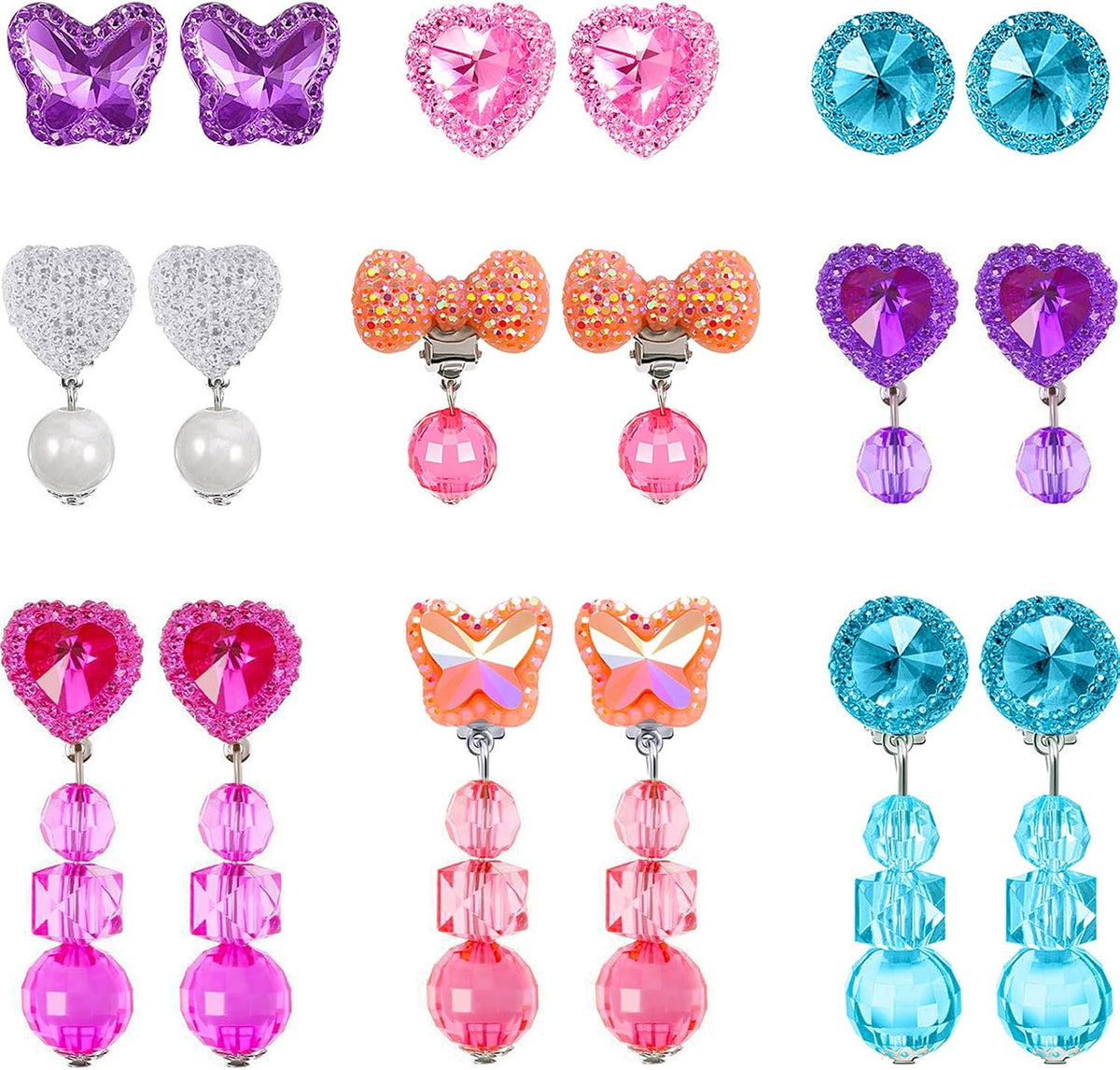 Hicarer 9 Pairs Clip On Earrings for Girls Pretend Princess Play Earrings Jewelry Set