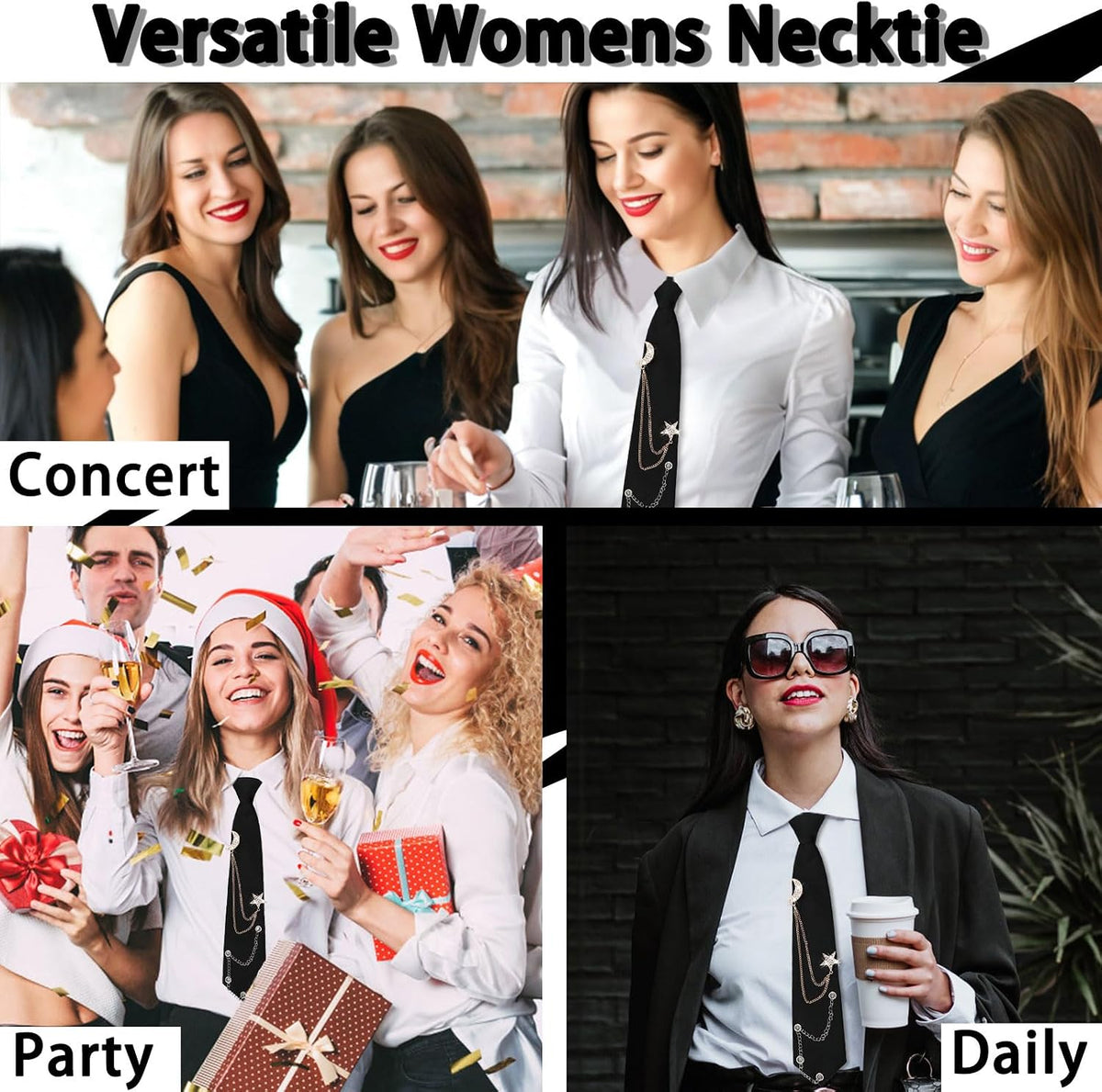 LJBFNN Black Ties for Women, Womens Tie with Metal Chain 2.76'' Pre-Tied Necktie for Girls School Uniform Shirt Accessory