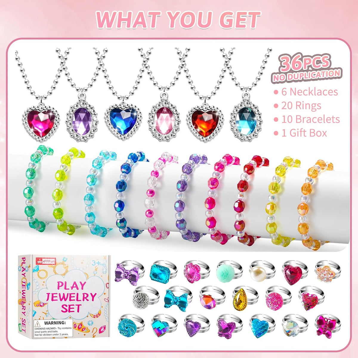 36pcs Princess Kids Jewelry for Girls 4-6, Toddler Play Costume Jewelry Set