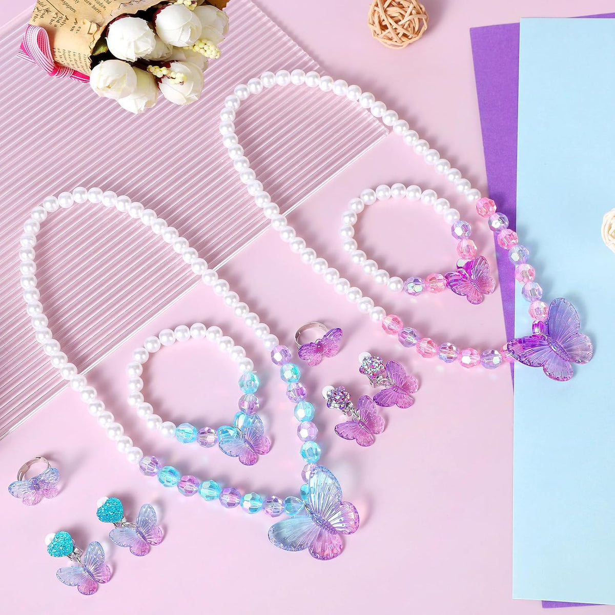 2 Sets Princess Jewelry for Little Girls, Butterfly Kids Jewelry Set, Stretch Necklace Bracelets, Rings and Clip on Earrings Perfect for Dress Up, Birthday Parties