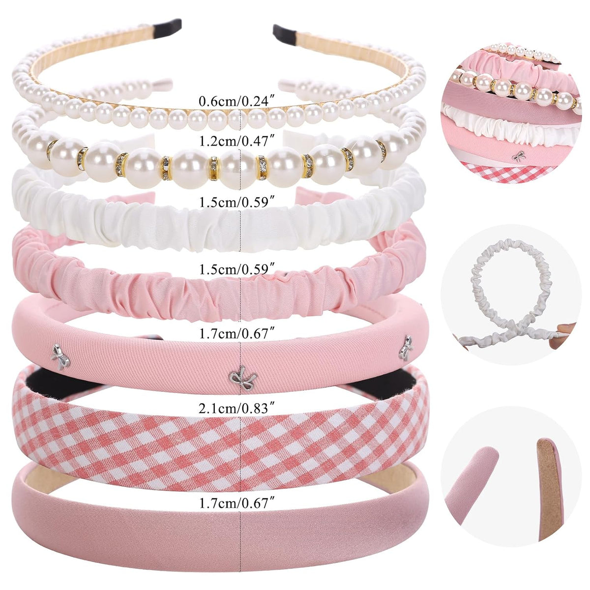 Headbands Girls 7Pcs Wide Head Bands for Kids Pink HeadBands White Pearl Headband Toddlers Women Thin Hairbands Fashion Non-Slip Elastic Head Bands for Kids Children