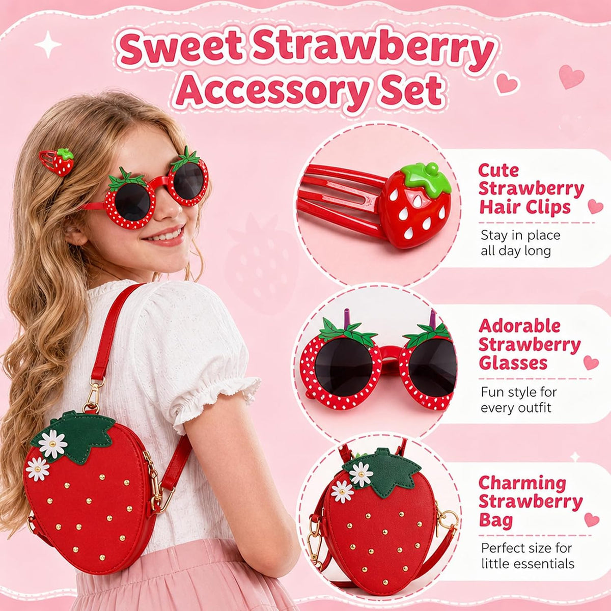 Strawberry Purse Accessory Set with 5 Red Hair Clips, 1 Red Strawberry Glasses, and 1 Red Bag,Daily Accessory Carrying, Special Occasion Styling