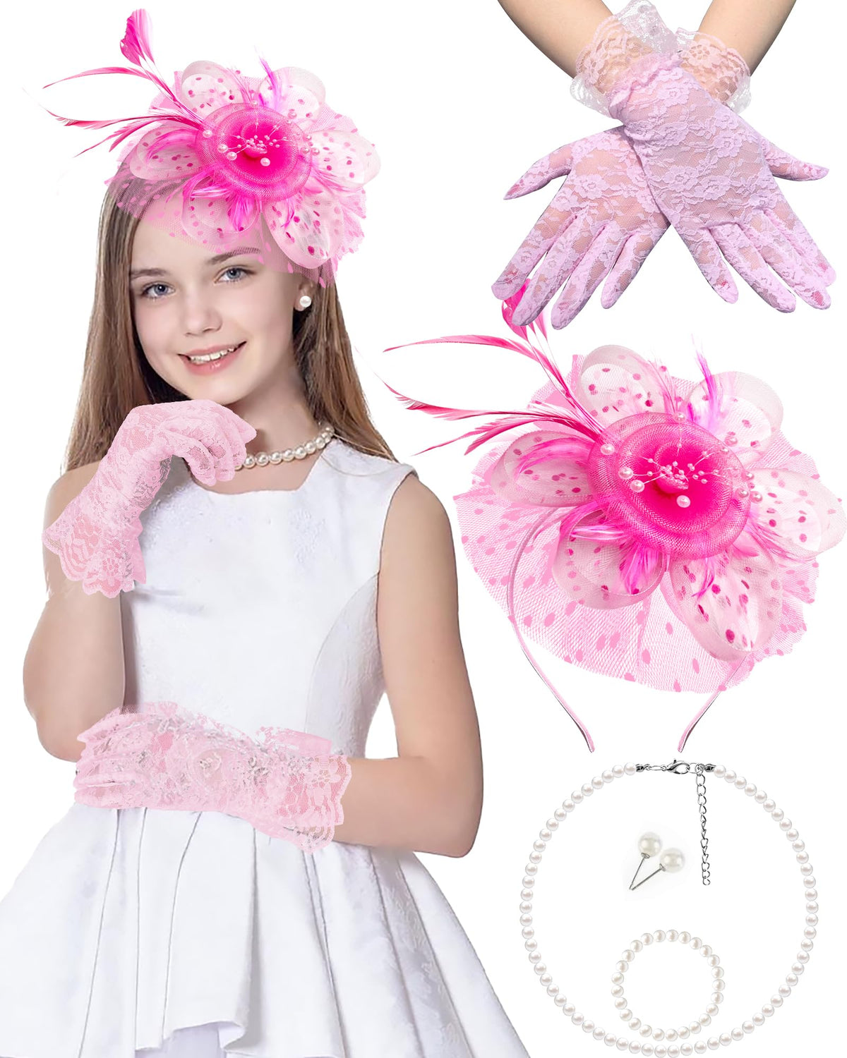 Gril Tea Party Hat Fascinators with Gloves for Church Wedding 1920s 50s Party Cosplay Accessories