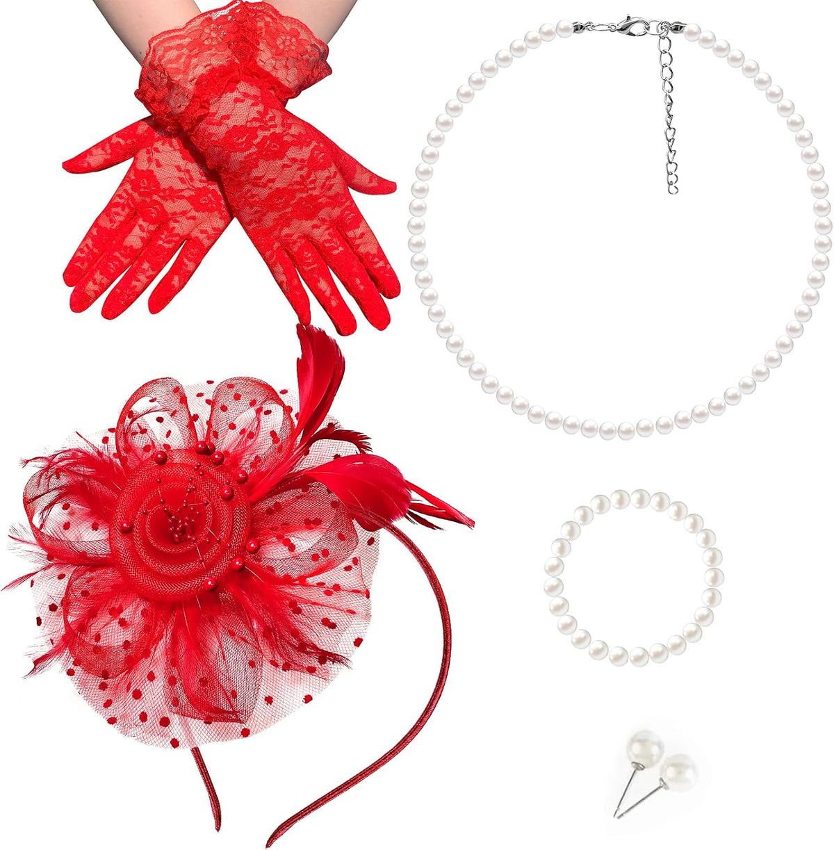 Girls Tea Party Fascinators Hats with Lace Gloves Pearl Necklace Earring Jewelry for Tea Party Wedding Accessories