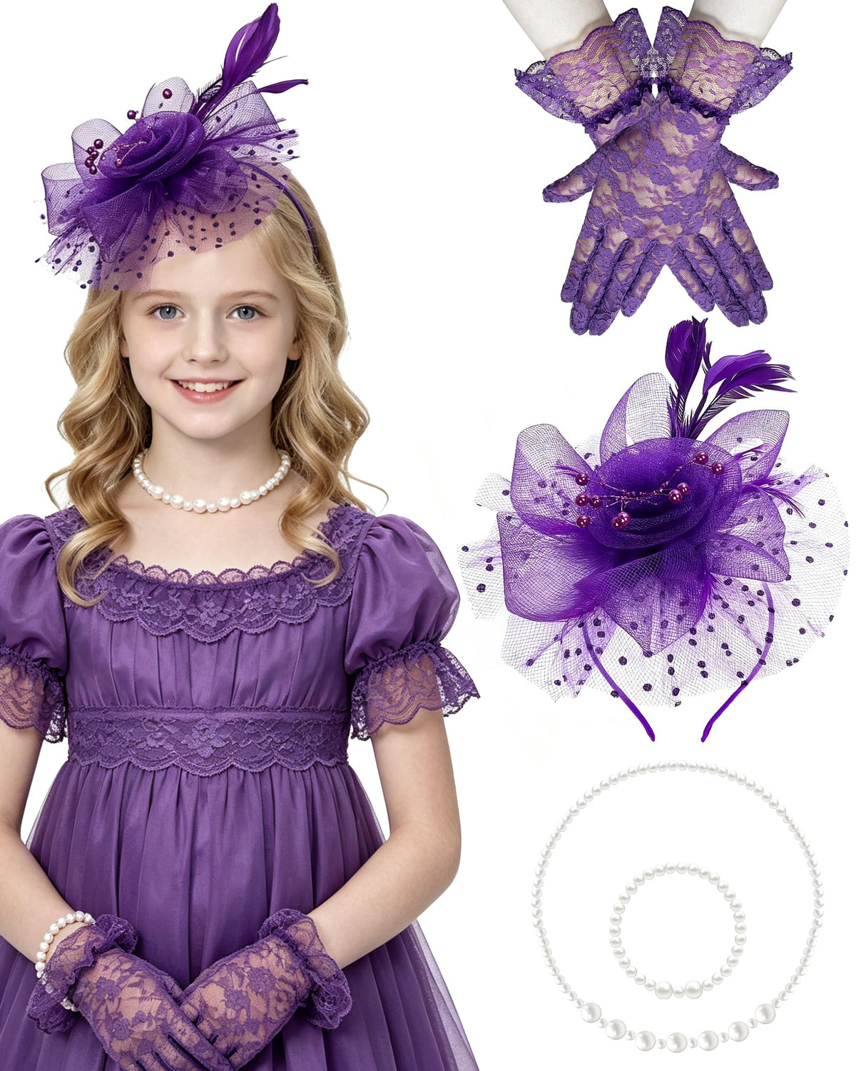 Girls Tea Party Fascinators Hats Lace Gloves Pearl Necklace Set for Wedding 1920s Tea Party Accessories