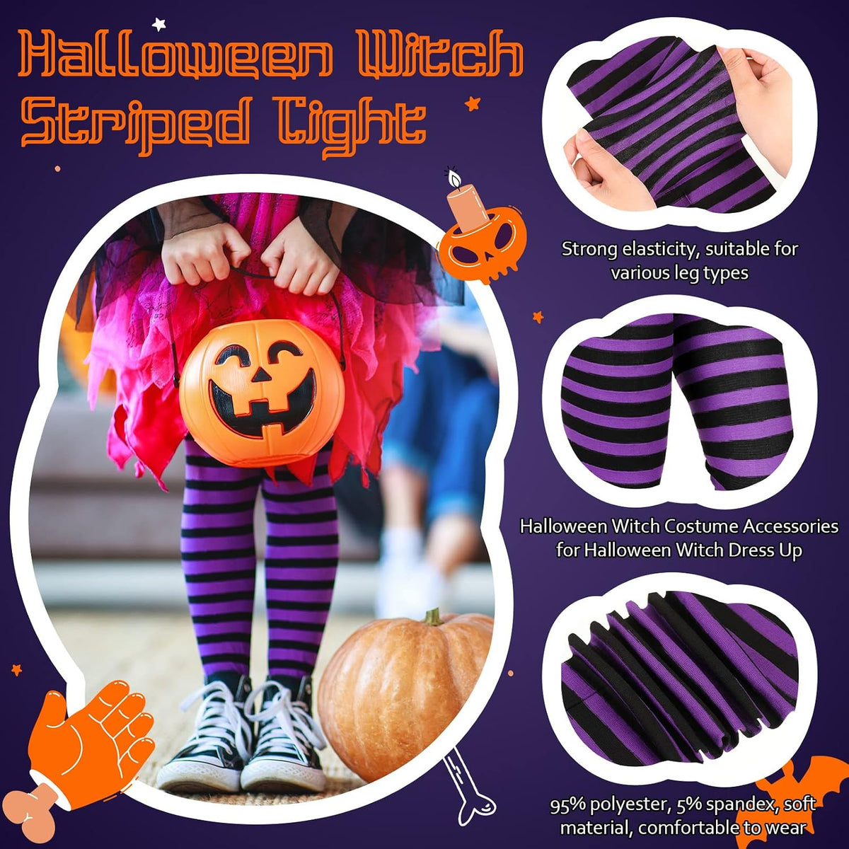 Tarpop Halloween Witch Tights Purple Black Striped for Girls Age 6-12