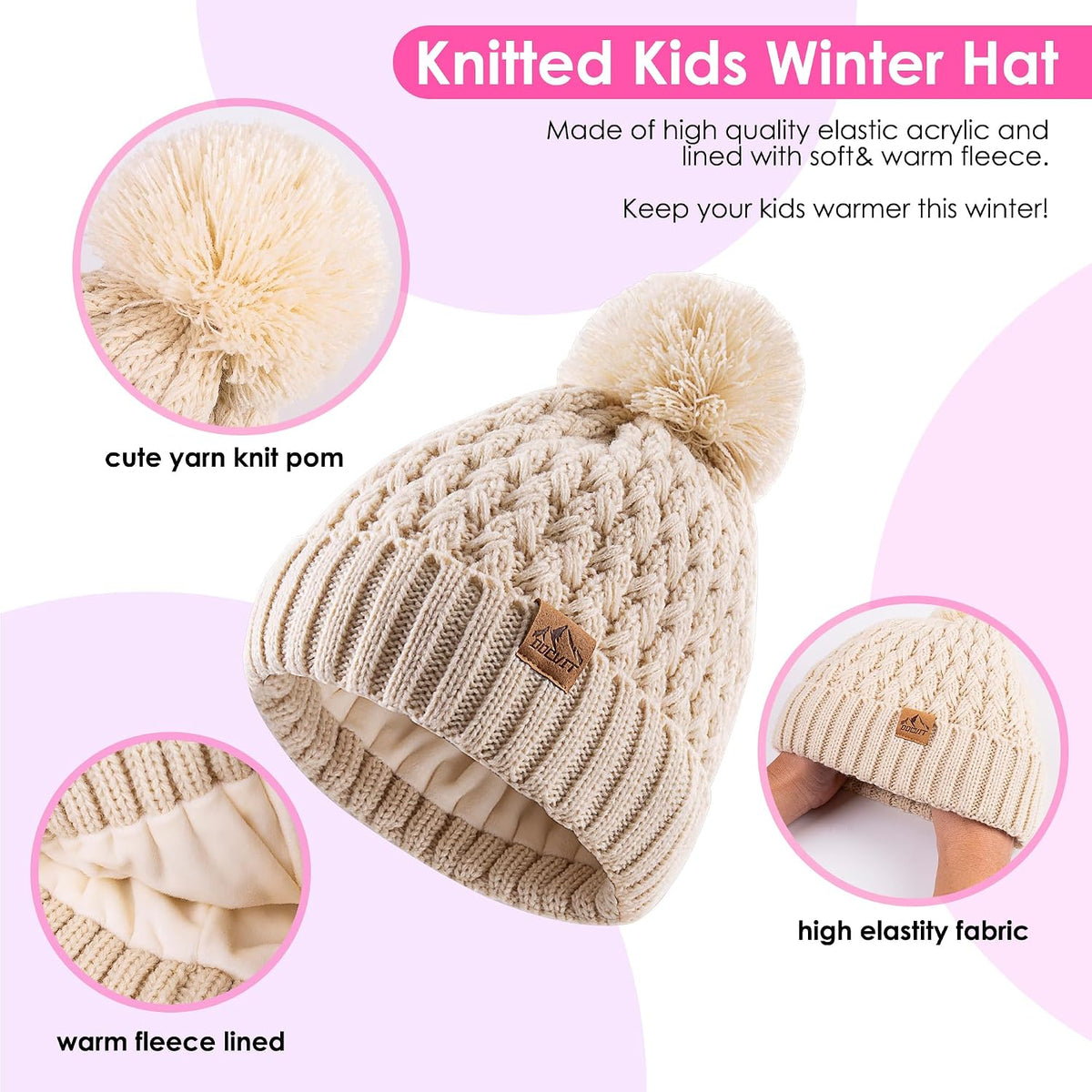 Kids Pompom Winter Beanie Hat Scart Gloves Set,Boys Girls Knitted Fleece Lined Woollen Hat for Children's 3-9 Years