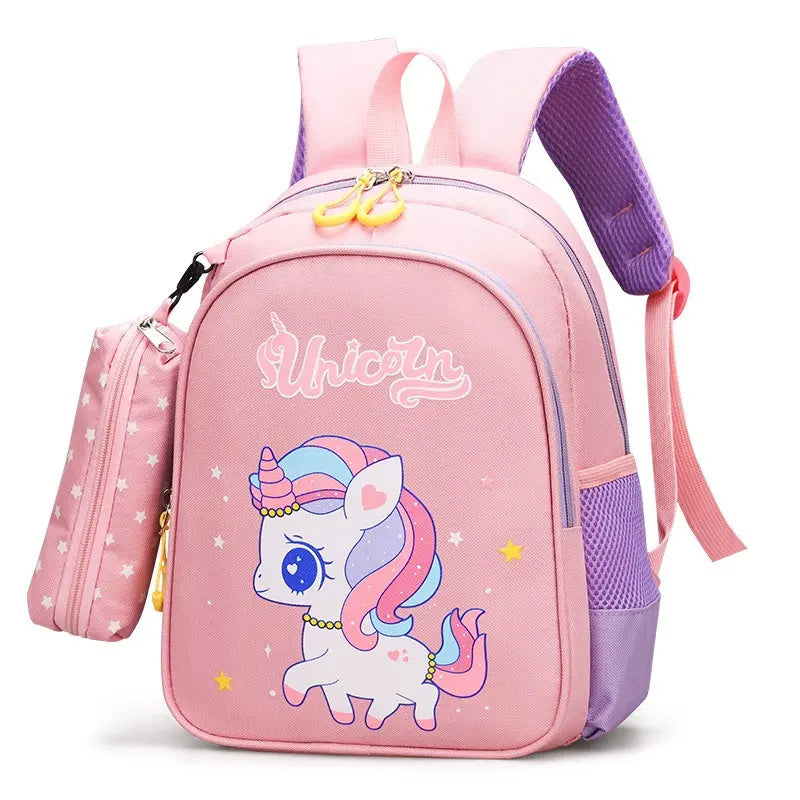 12-Inch Lightweight Kids Backpack Set with Pencil Pouch - Adjustable, Playful Look Study-Ready Bags (Pink Unicorn, Purple Dinosaur) for Back to School Haul, First Day of School