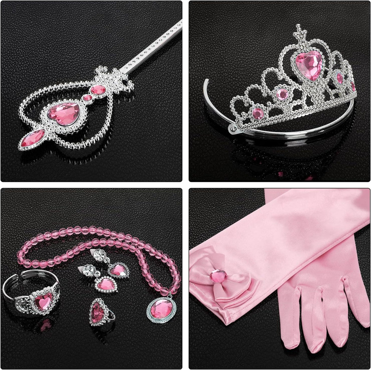 Cocojeci Princess Dress Up Party Accessories for Princess Costume Gloves Tiara Wand Necklace Earrings Bracelet and Ring Gift Set 9pcs (Pink, Set of 7, 9pcs)