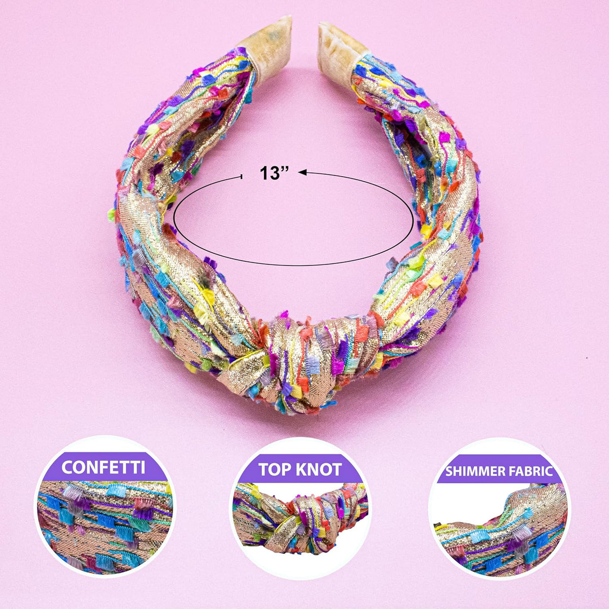 FROG SAC Confetti Knotted Headband for Girls, Knot Hair Bands for Kids, Cute Fashion Fabric Head Band (Gold)