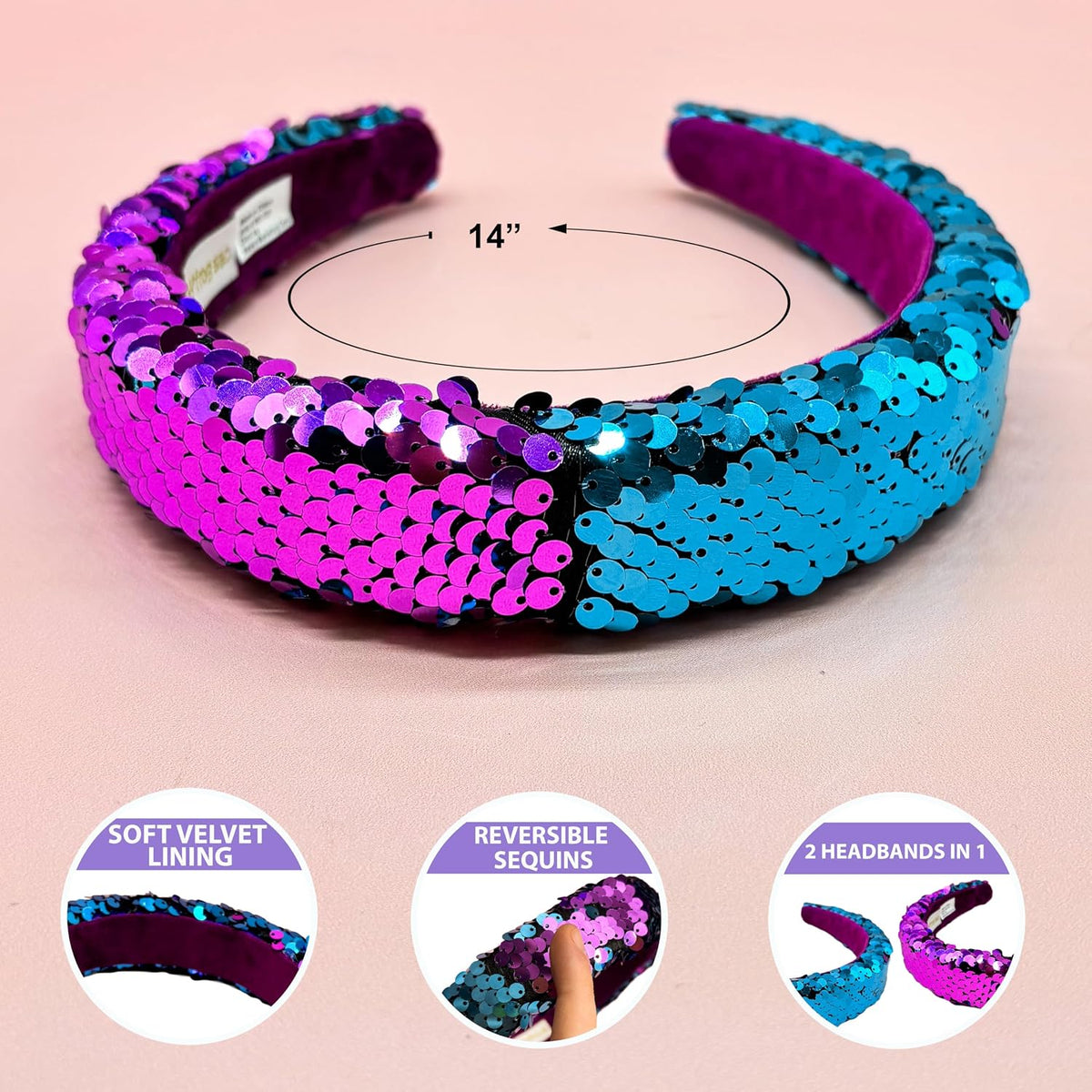 FROG SAC Reversible Sequin Headband for Girls, Wide Headbands for Kids, Sparkly Rainbow Toddler Hair Bands, Sparkle Head Band Hair Accessories, Easter Basket Fillers Stocking Stuffers (Teal/Purple)