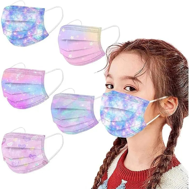 KF5-EMK02 50 Pack Kids Disposable Face Mask, Colorful Printed 3-Ply Breathabel Full Face Protection with Elastic Ear Loop , One Size & 50pack