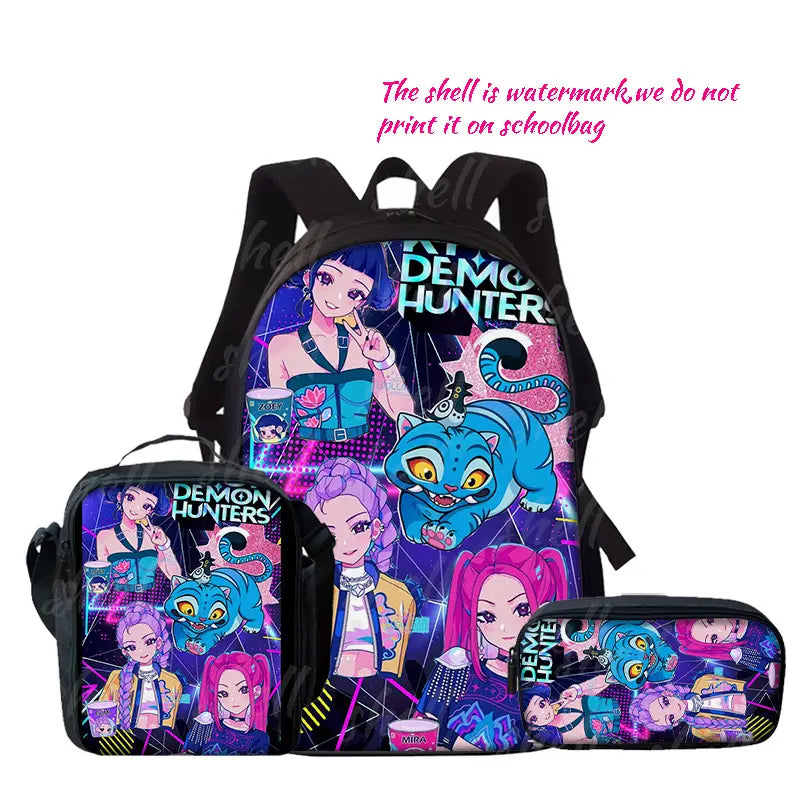 Demon Hunter 3pcs Print Backpack Set - Lightweight Travel Bag, Multifunctional Organizer And Pouch | Adjustable Shoulder Strap, Fashionable Design, Suitable for Teens, for Teenager, For Teenager