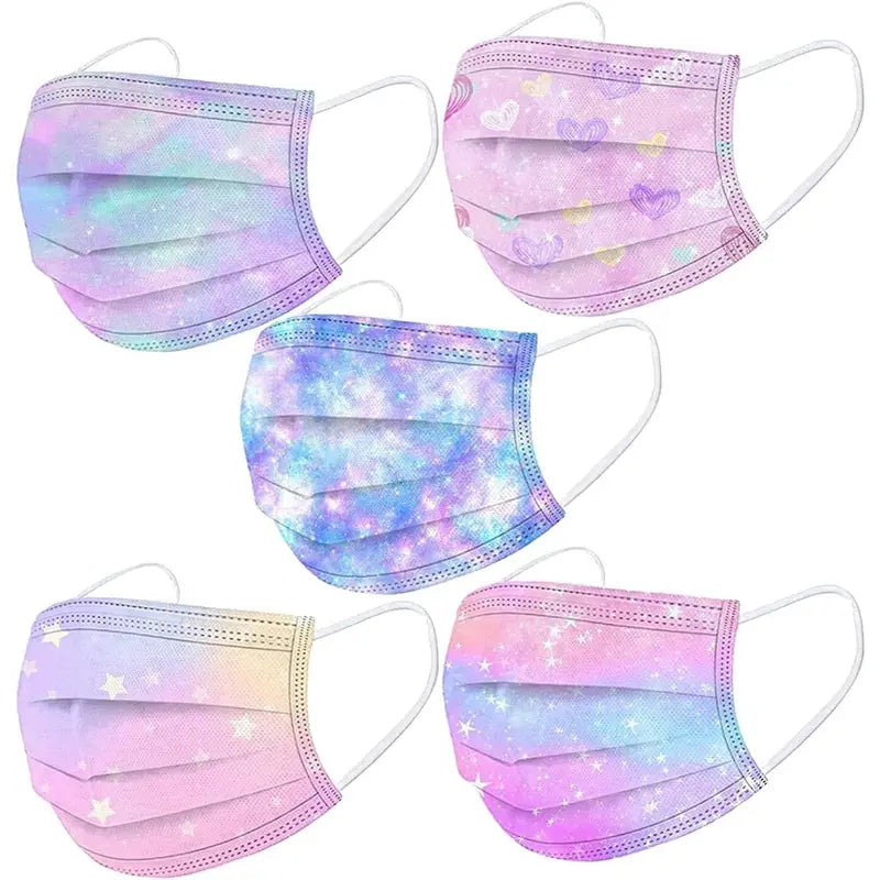 KF5-EMK02     50 Pack Kids Disposable Face Mask, Colorful Printed 3-Ply Breathabel Full Face Protection with Elastic Ear Loop ﻿, One Size & 50pack