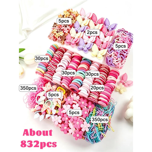 832-Piece Pink Hair Accessories Set for Girls, Cute Bow Hair Ties, Flower Hair Clips, Side Clips, Duckbill Clips, Claw Clips, Butterfly Design and Soft Hair Ties for Daily Hairstyles and Creative Styling