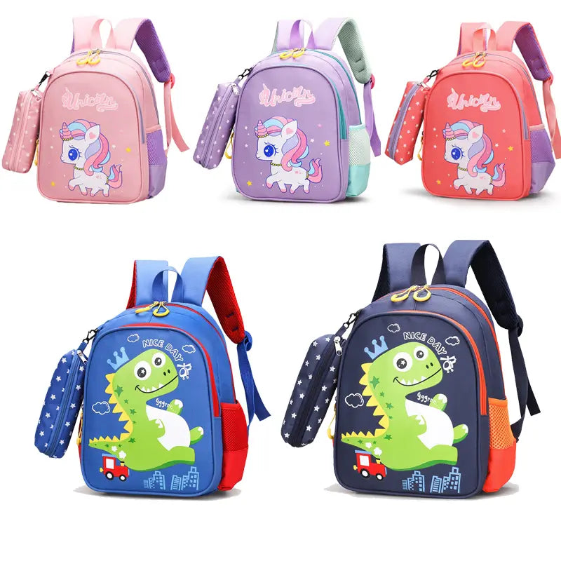 12-Inch Lightweight Kids Backpack Set with Pencil Pouch - Adjustable, Playful Look Study-Ready Bags (Pink Unicorn, Purple Dinosaur) for Back to School Haul, First Day of School