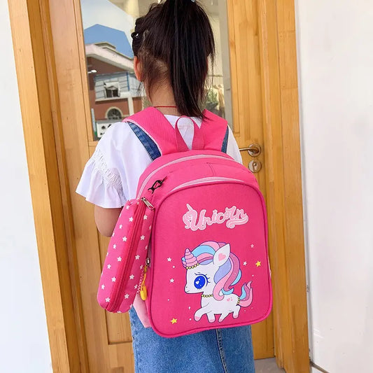 12-Inch Lightweight Kids Backpack Set with Pencil Pouch - Adjustable, Playful Look Study-Ready Bags (Pink Unicorn, Purple Dinosaur) for Back to School Haul, First Day of School