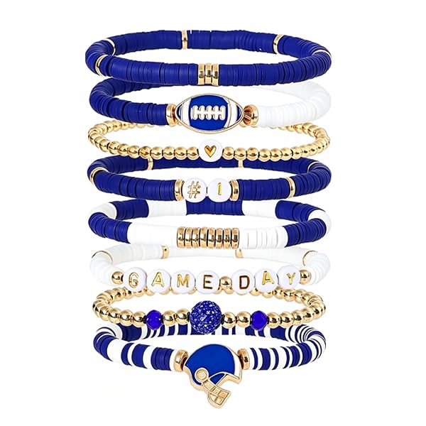 NZKNP 8 Pcs Game Day Bracelets for Women,Football Mom Accessories & Outfits Jewelry Gifts,Football Stackable Clay Beaded Stretch Bracelets,Sports Charm Bracelet Bangles