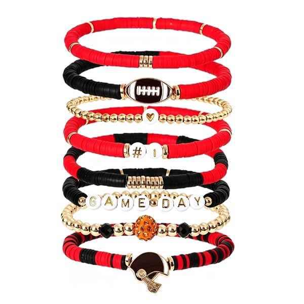 NZKNP 8 Pcs Game Day Bracelets for Women,Football Mom Accessories & Outfits Jewelry Gifts,Football Stackable Clay Beaded Stretch Bracelets,Sports Charm Bracelet Bangles