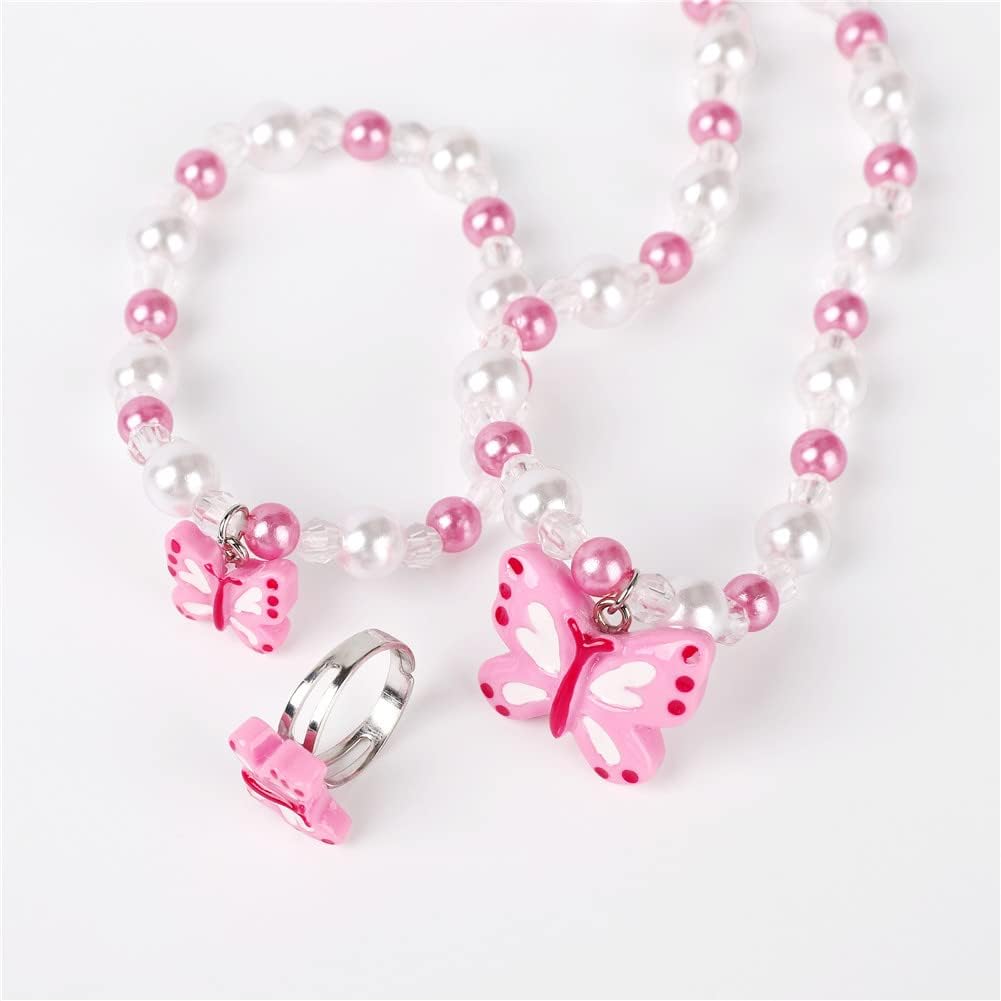 Msnailfly Butterfly Stretch Necklace & Bracelet Set, Girls' Butterfly Jewelry for Little Princesses (B)