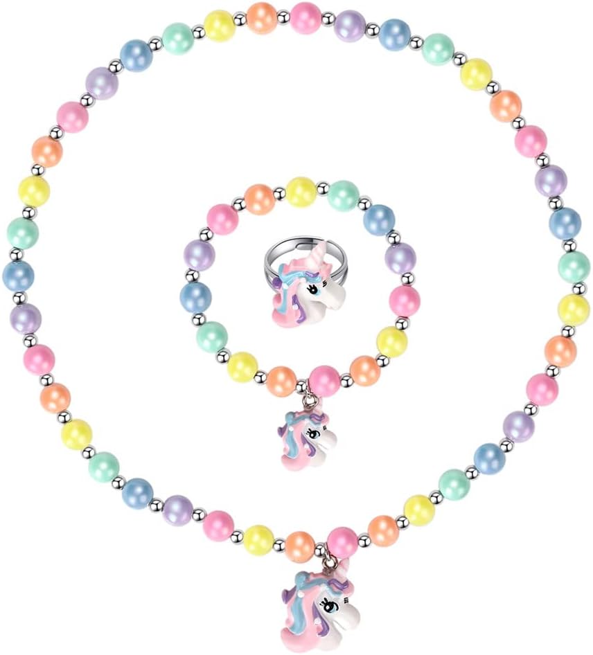 Msnailfly Unicorn Stretch Necklace Little Girl Toddler Necklace Bracelet Set, Little Princess Jewelry Accessories Favors Bags for Girls (2)