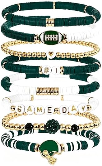 NZKNP 8 Pcs Game Day Bracelets for Women,Football Mom Accessories & Outfits Jewelry Gifts,Football Stackable Clay Beaded Stretch Bracelets,Sports Charm Bracelet Bangles