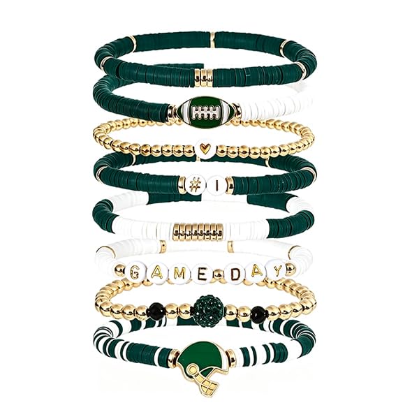 NZKNP 8 Pcs Game Day Bracelets for Women,Football Mom Accessories & Outfits Jewelry Gifts,Football Stackable Clay Beaded Stretch Bracelets,Sports Charm Bracelet Bangles