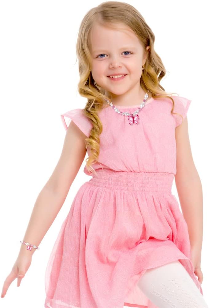 Msnailfly Butterfly Stretch Necklace & Bracelet Set, Girls' Butterfly Jewelry for Little Princesses (B)
