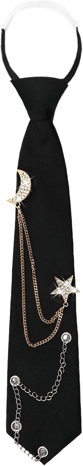 LJBFNN Black Ties for Women, Womens Tie with Metal Chain 2.76'' Pre-Tied Necktie for Girls School Uniform Shirt Accessory
