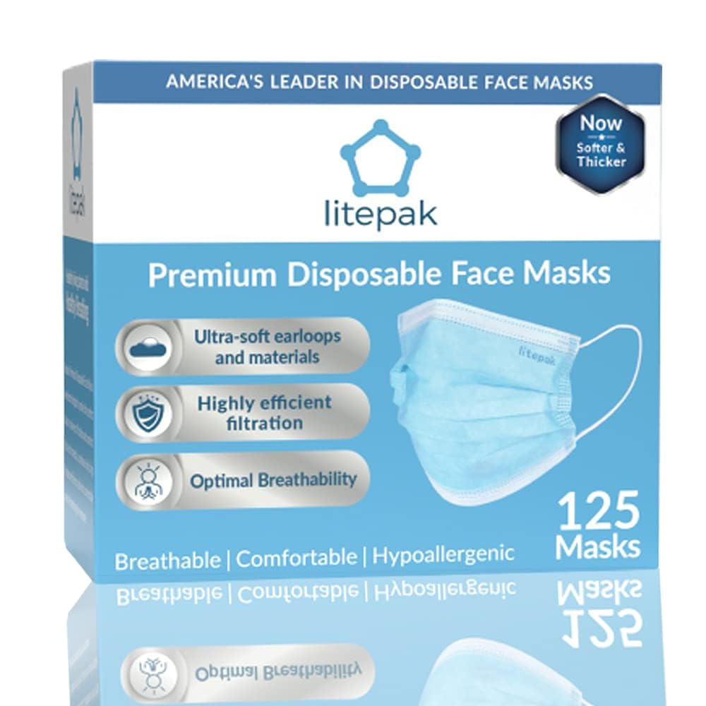 Litepak 125-Pack Disposable Face Mask Premium Comfort Earloops with Dispenser Box