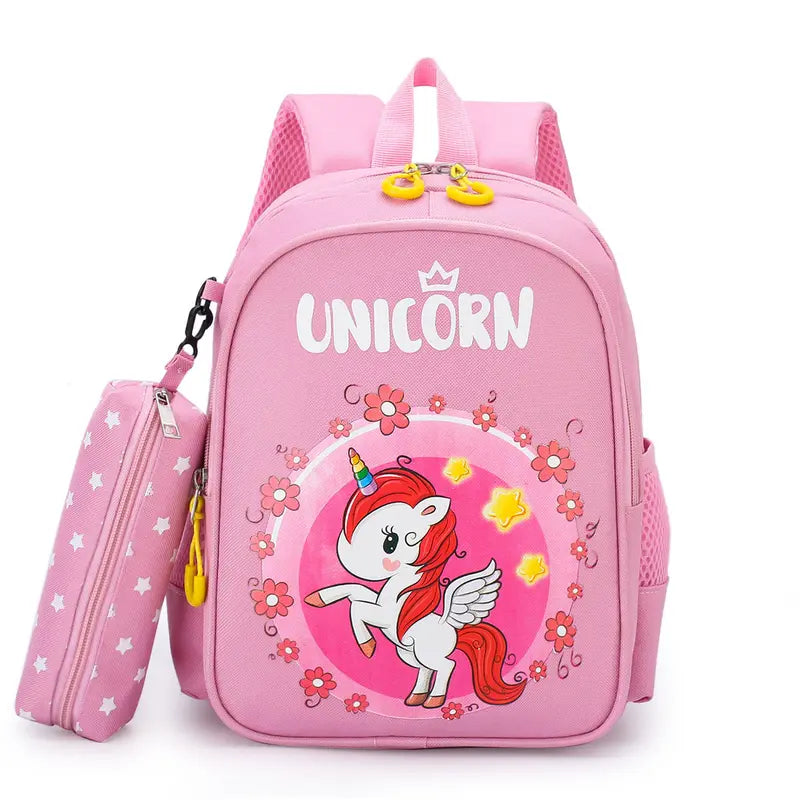 12-Inch Lightweight Kids Backpack Set with Pencil Pouch - Adjustable, Playful Look Study-Ready Bags (Pink Unicorn, Purple Dinosaur) for Back to School Haul, First Day of School
