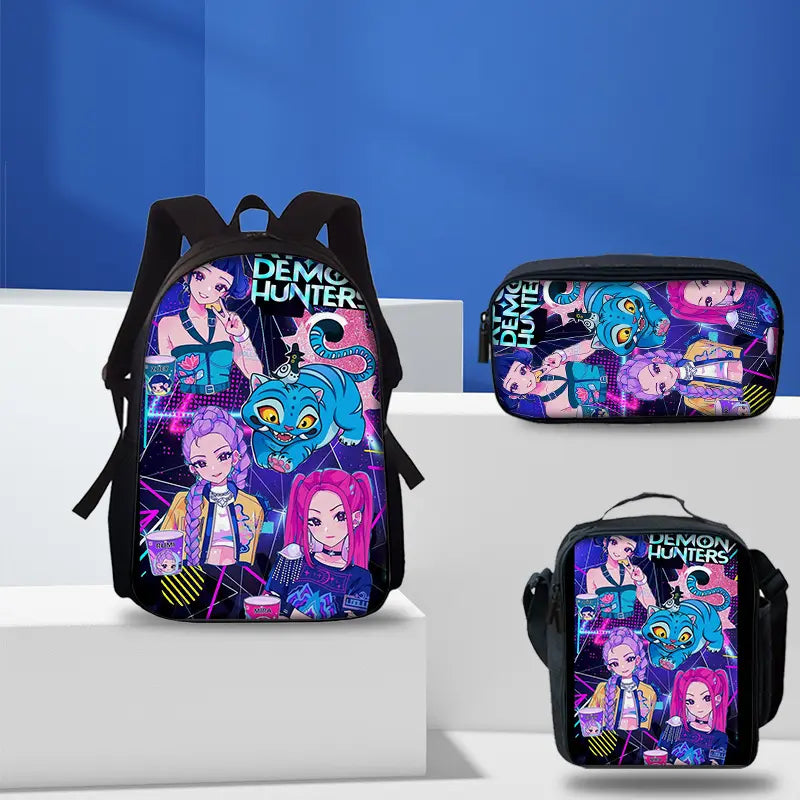 Demon Hunter 3pcs Print Backpack Set - Lightweight Travel Bag, Multifunctional Organizer And Pouch |   Adjustable Shoulder Strap, Fashionable Design, Suitable for Teens, for Teenager, For Teenager