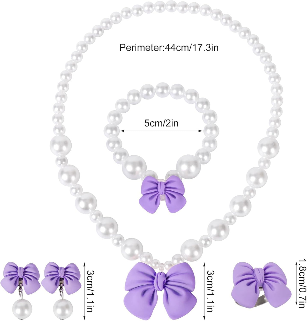 Princess Jewelry for Little Girls, Handmade Bow Pearl Kids Jewelry Set, Stretch Necklace Bracelets Rings and Clip on Earrings, Perfect for Dress Up, Birthday Parties, and Costume Play