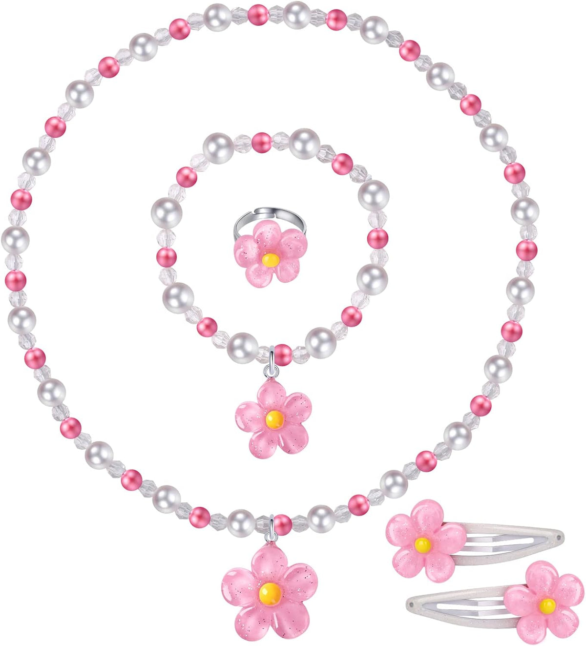 BGSHEMNI Girls Flower Jewelry Set - Toddler Dress up 5 Piece Pretend Plasy Toy Jewelry Box Set with Bead Necklace, Bracelet Ring and Hair Clips - Play Accessories - Ages 3+ Girl Birthday Gifts