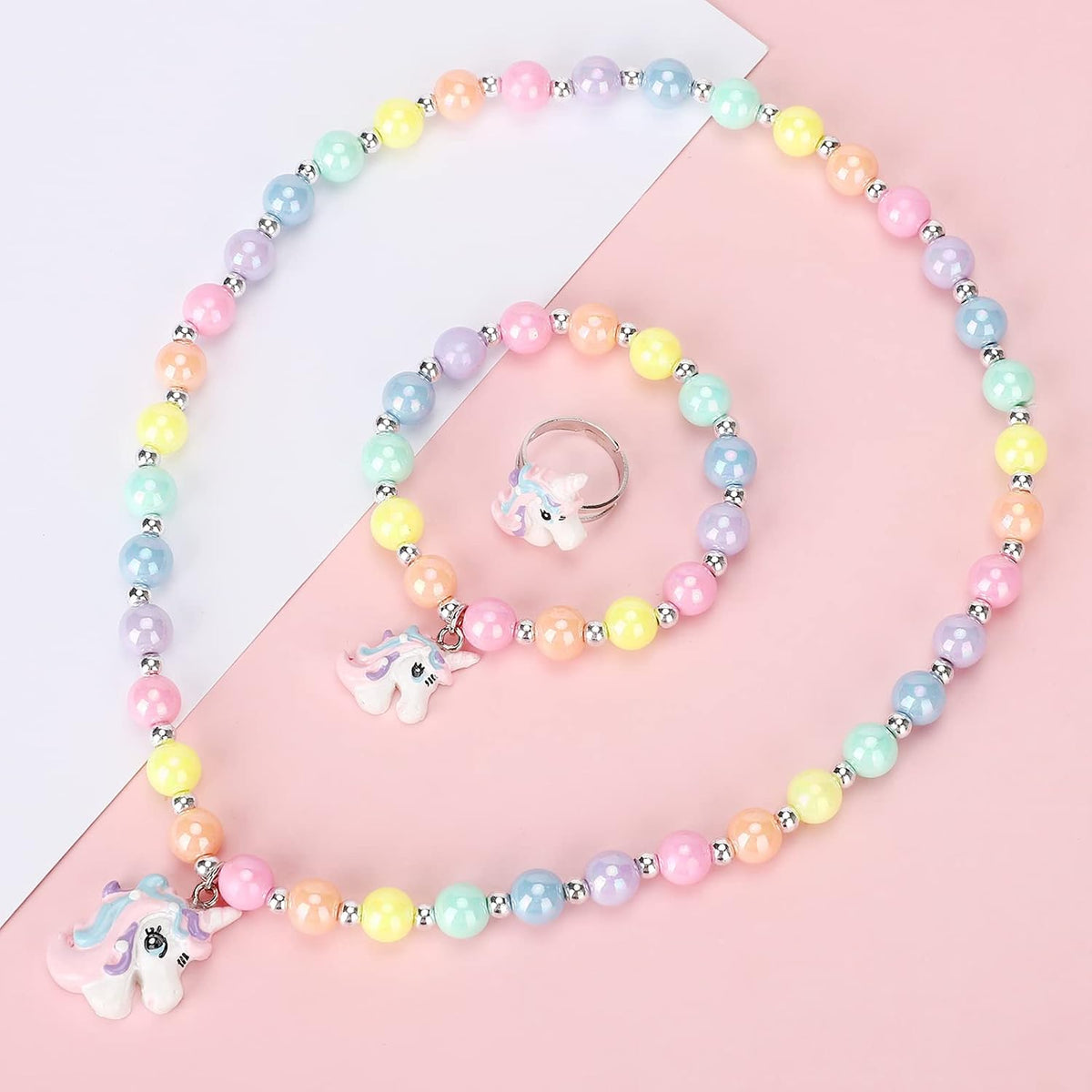 Msnailfly Unicorn Stretch Necklace Little Girl Toddler Necklace Bracelet Set, Little Princess Jewelry Accessories Favors Bags for Girls (2)