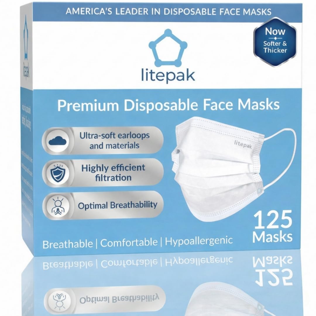 Litepak 125-Pack Disposable Face Mask Premium Comfort Earloops with Dispenser Box